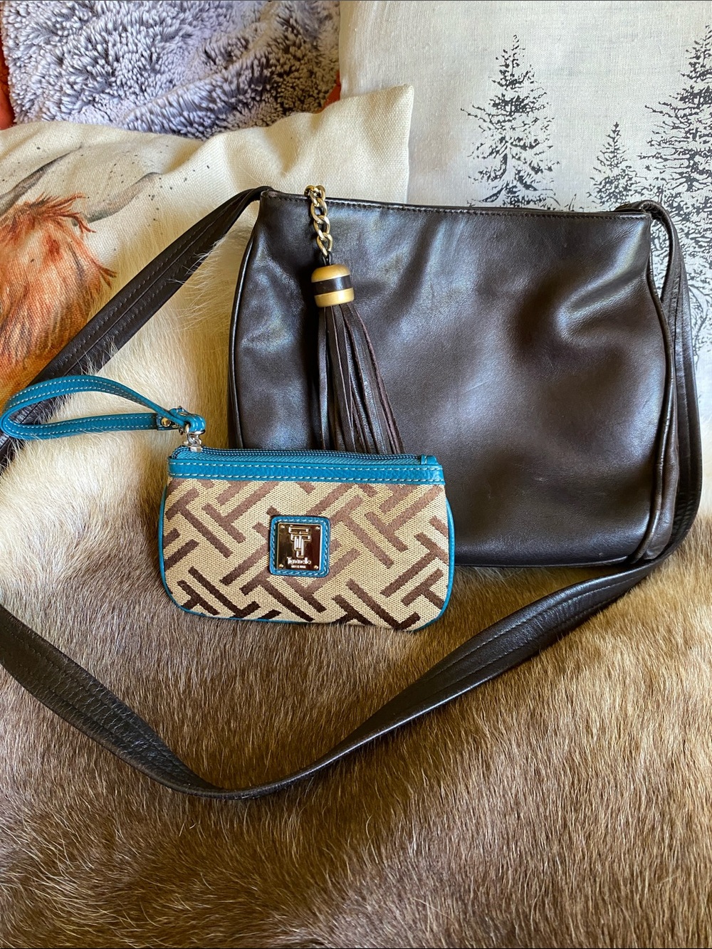 Tignanello Brown Leather Shoulder Bag with Turquoise-Trim Wristlet